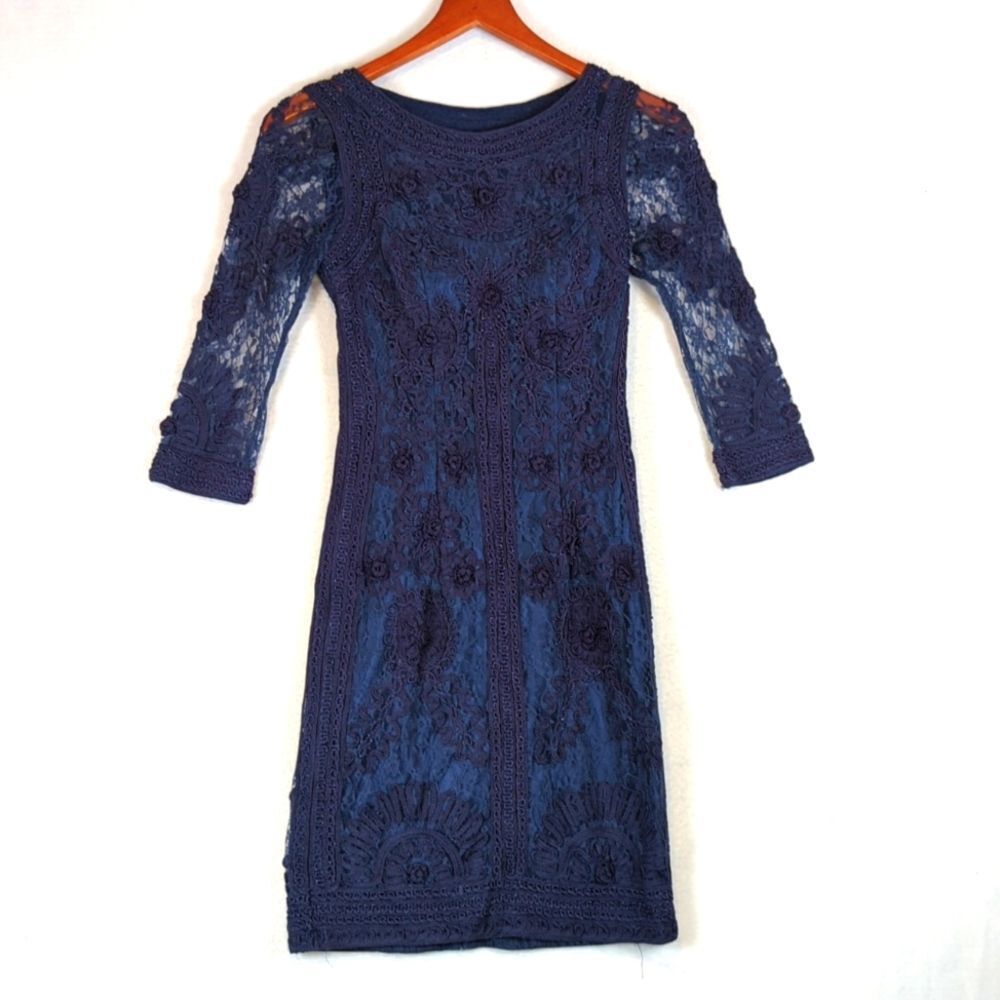 Sue Wong Nocturne Sapphire Lace Cocktail Sheer Pencil Midi Dress XS